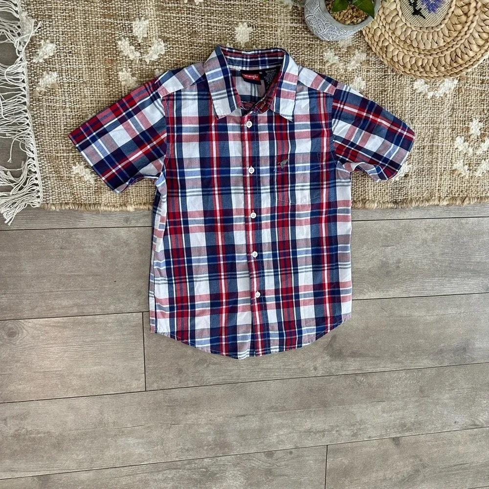 New Wrangler Boys Plaid Button Down Short Sleeve Shirt Size Small Red White Blue